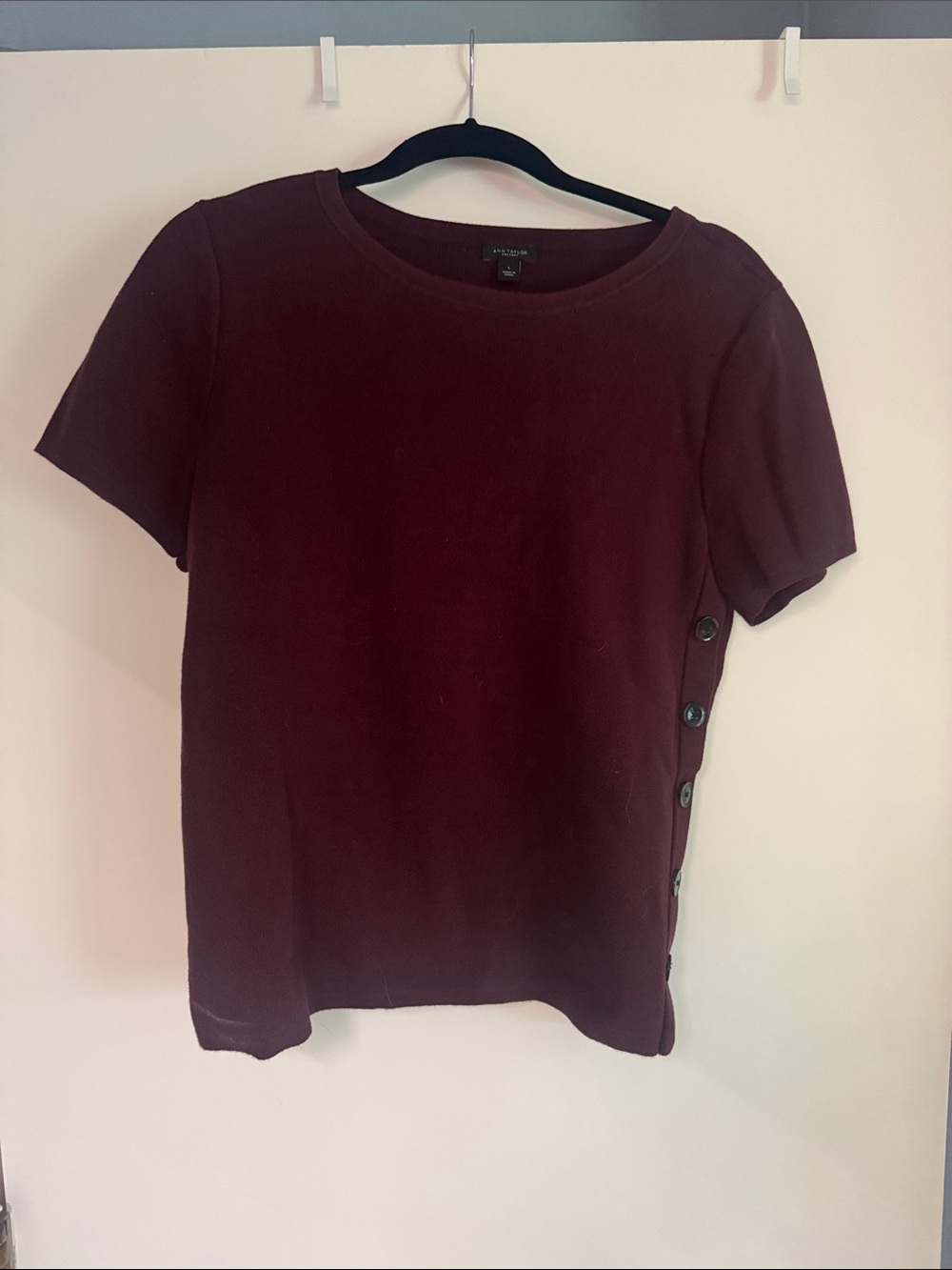 Ann Taylor Factory Deep Wine Short-Sleeve Knit Top with Side Buttons